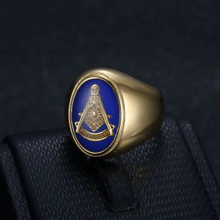 Wholesale Masonic AG Ring for Men – Bulk Gold-Plated Stainless Steel Blue Epoxy Freemason Jewelry