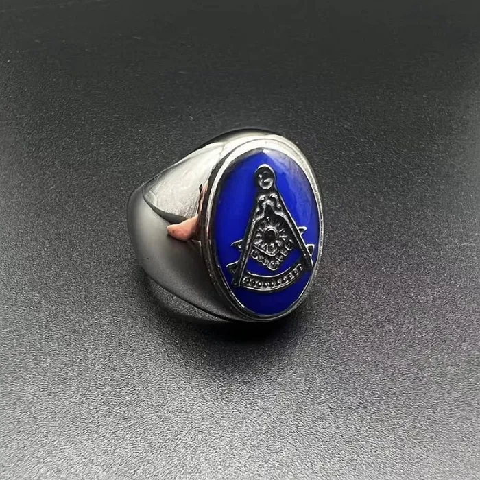 Wholesale Masonic AG Ring for Men – Bulk Gold-Plated Stainless Steel Blue Epoxy Freemason Jewelry