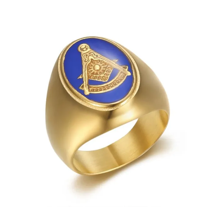 Wholesale Masonic AG Ring for Men – Bulk Gold-Plated Stainless Steel Blue Epoxy Freemason Jewelry