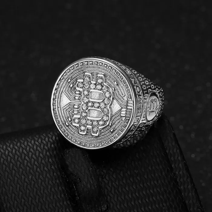 Wholesale Hip Hop Bitcoin Ring – Bulk Polished Titanium Steel Men's Ring with Rhinestones at Factory
