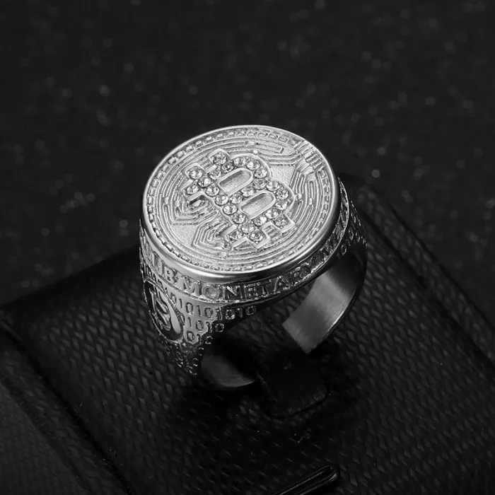 Wholesale Hip Hop Bitcoin Ring – Bulk Polished Titanium Steel Men's Ring with Rhinestones at Factory