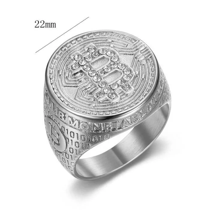 Wholesale Hip Hop Bitcoin Ring – Bulk Polished Titanium Steel Men's Ring with Rhinestones at Factory