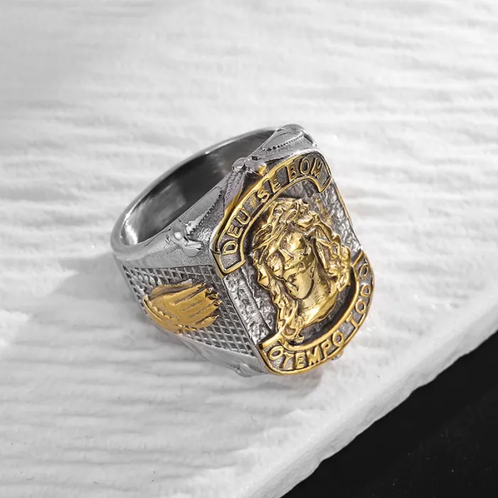 Wholesale Hip Hop Faith Ring – Bulk Gold-Plated Titanium Steel YS Portrait Prayer Ring for Men