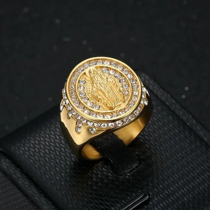 Wholesale Hip Hop Virgin Mary Ring – Bulk Gold-Plated Stainless Steel Men's Ring with Rhinestones