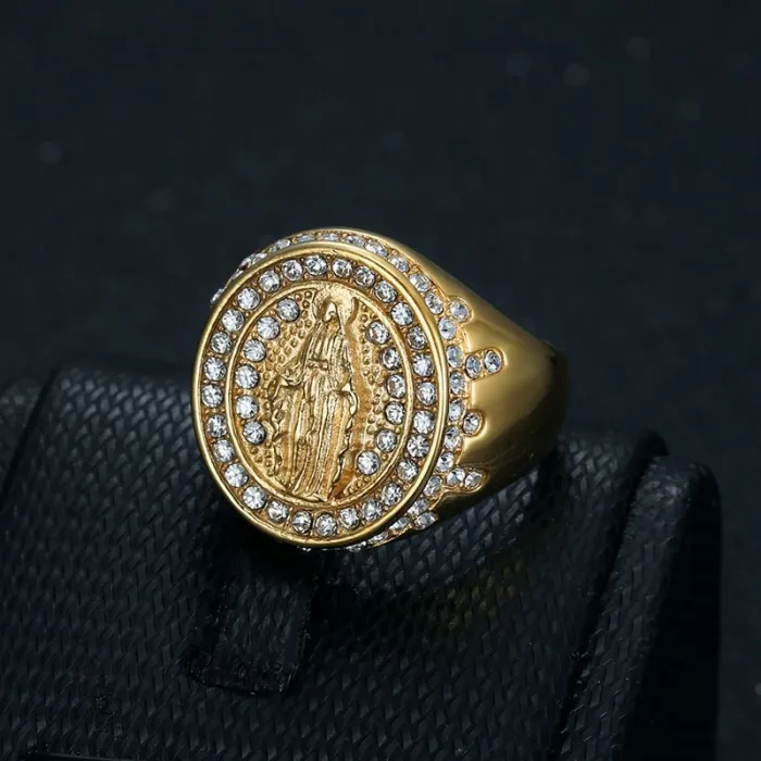 Wholesale Hip Hop Virgin Mary Ring – Bulk Gold-Plated Stainless Steel Men's Ring with Rhinestones