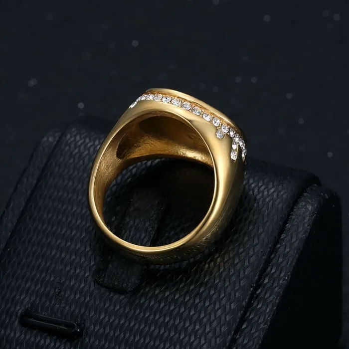Wholesale Hip Hop Virgin Mary Ring – Bulk Gold-Plated Stainless Steel Men's Ring with Rhinestones