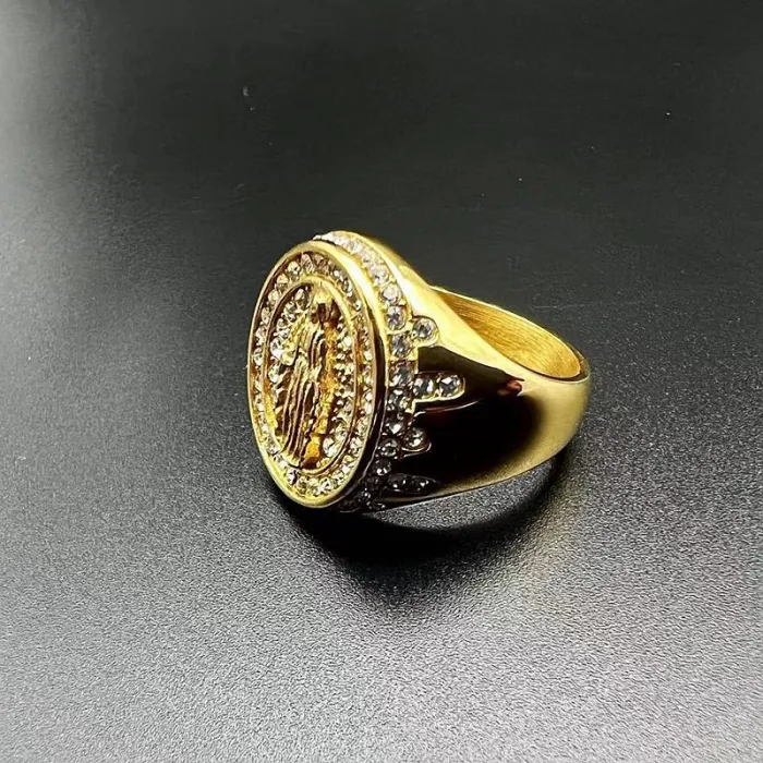 Wholesale Hip Hop Virgin Mary Ring – Bulk Gold-Plated Stainless Steel Men's Ring with Rhinestones