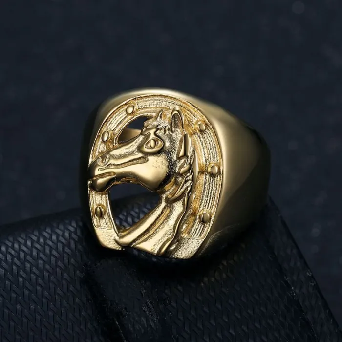 Wholesale Hip Hop Horse Head Ring – Bulk Gold-Plated Titanium Steel Men's Jewelry at Factory Price