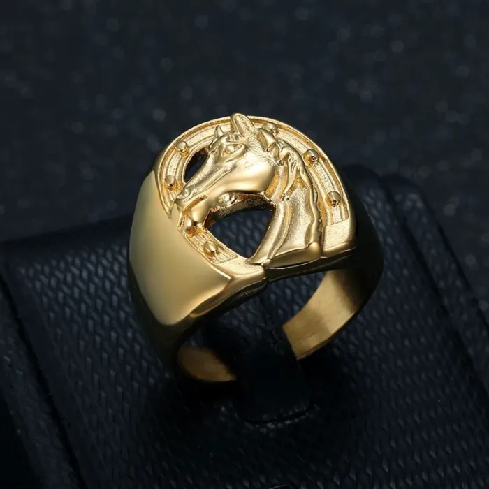 Wholesale Hip Hop Horse Head Ring – Bulk Gold-Plated Titanium Steel Men's Jewelry at Factory Price