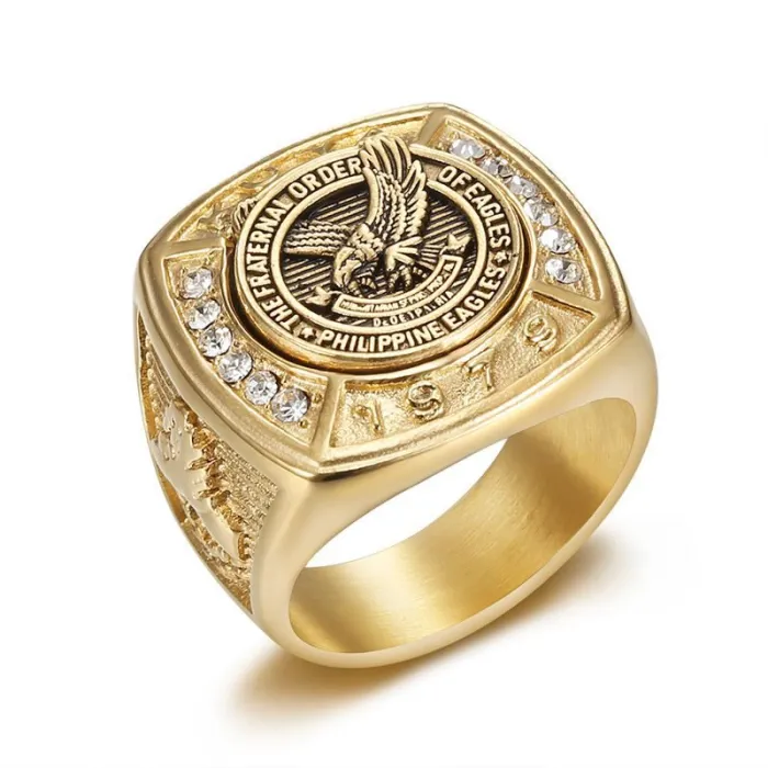 Wholesale Philippine Eagle Ring – Bulk Gold-Plated Stainless Steel Men's Ring with Rhinestones at Factory Price
