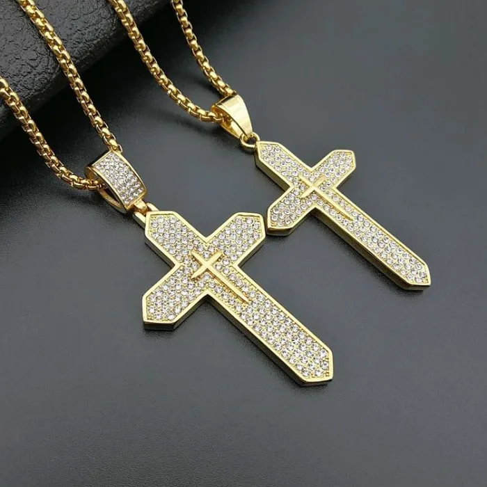 Wholesale Hip Hop Cross Pendant – Bulk Gold-Plated Titanium Steel Necklace with Rhinestones at Factory Price
