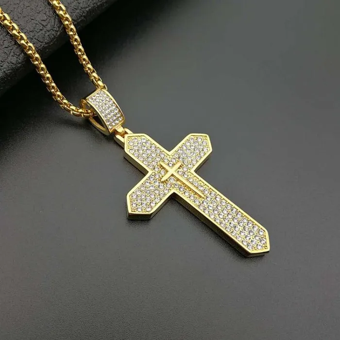 Wholesale Hip Hop Cross Pendant – Bulk Gold-Plated Titanium Steel Necklace with Rhinestones at Factory Price
