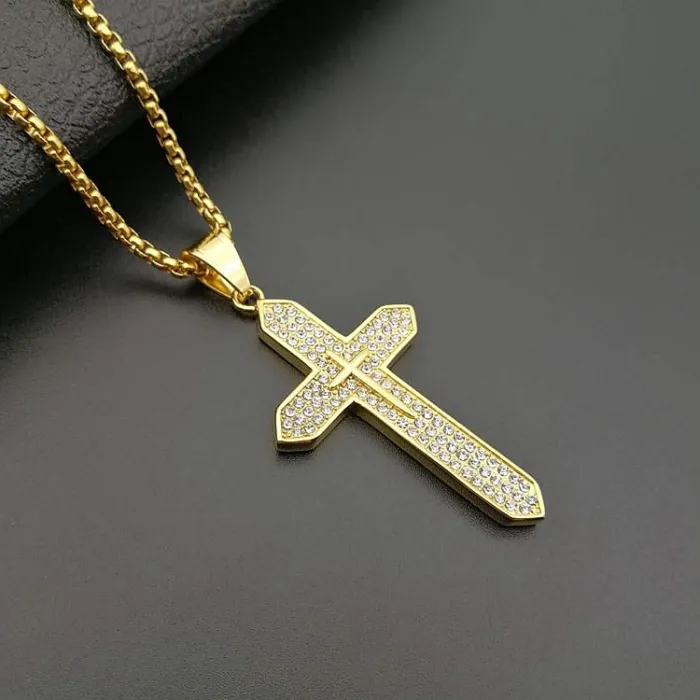 Wholesale Hip Hop Cross Pendant – Bulk Gold-Plated Titanium Steel Necklace with Rhinestones at Factory Price