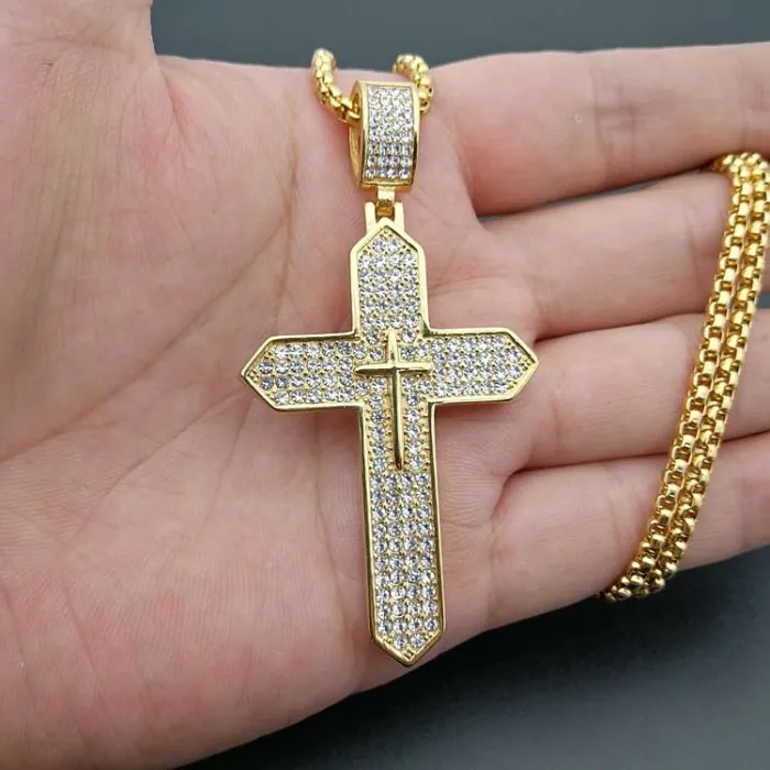 Wholesale Hip Hop Cross Pendant – Bulk Gold-Plated Titanium Steel Necklace with Rhinestones at Factory Price