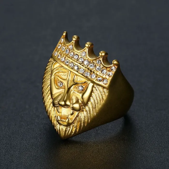 Wholesale Hip Hop Lion Ring – Bulk Gold-Plated Titanium Steel Crown Ring with Rhinestones for Men