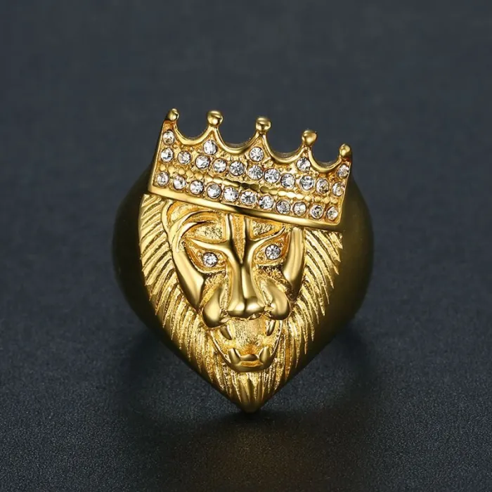 Wholesale Hip Hop Lion Ring – Bulk Gold-Plated Titanium Steel Crown Ring with Rhinestones for Men