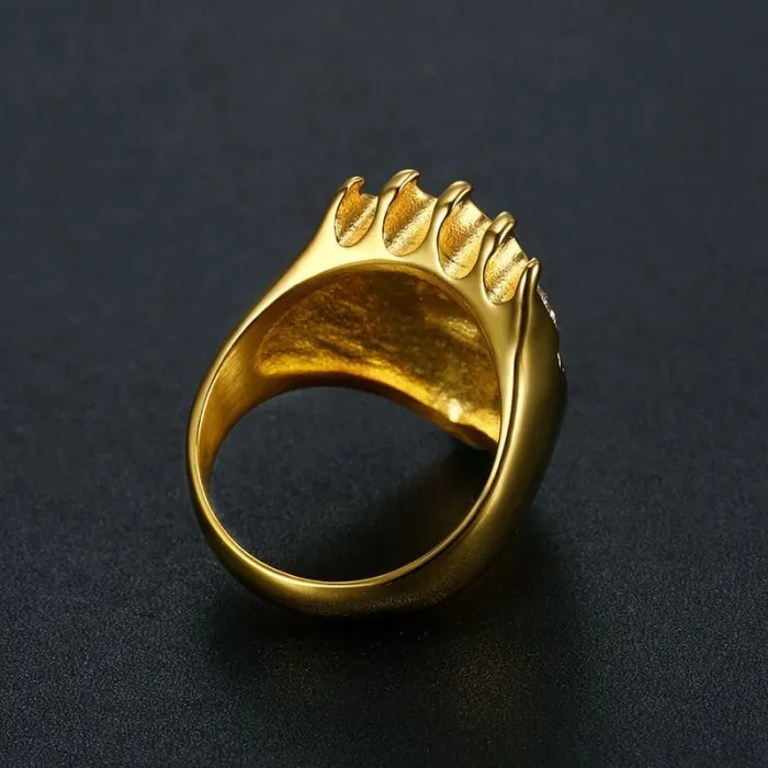 Wholesale Hip Hop Lion Ring – Bulk Gold-Plated Titanium Steel Crown Ring with Rhinestones for Men
