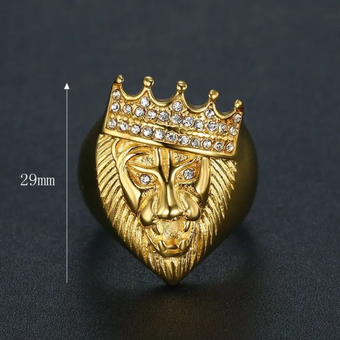 Wholesale Hip Hop Lion Ring – Bulk Gold-Plated Titanium Steel Crown Ring with Rhinestones for Men