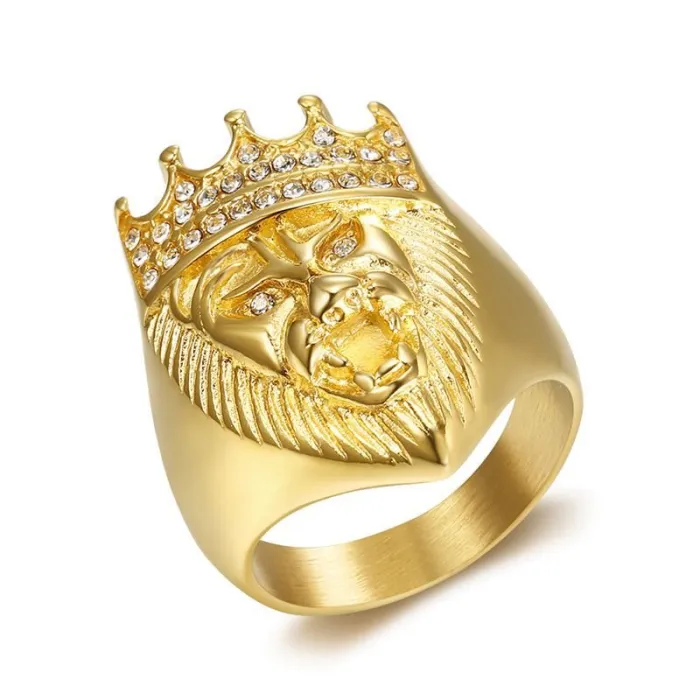 Wholesale Hip Hop Lion Ring – Bulk Gold-Plated Titanium Steel Crown Ring with Rhinestones for Men