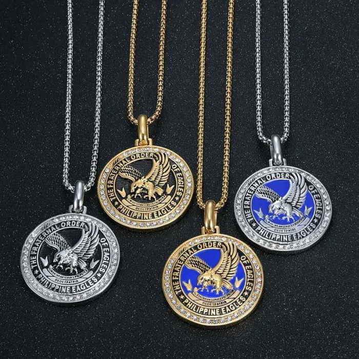 Wholesale Eagle Pendant Necklace – Bulk Vintage Stainless Steel Letter Charm with Black Finish and Blue Epoxy