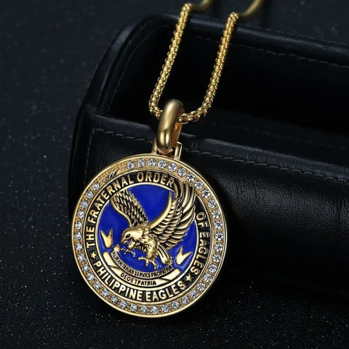 Wholesale Eagle Pendant Necklace – Bulk Vintage Stainless Steel Letter Charm with Black Finish and Blue Epoxy