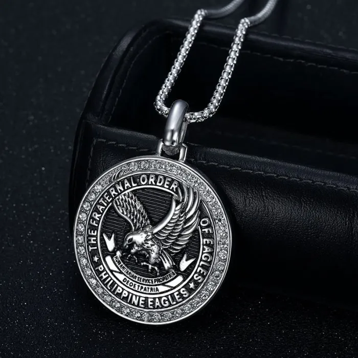 Wholesale Eagle Pendant Necklace – Bulk Vintage Stainless Steel Letter Charm with Black Finish and Blue Epoxy