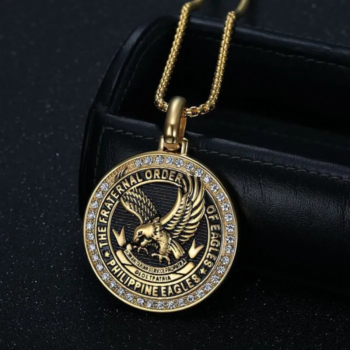 Wholesale Eagle Pendant Necklace – Bulk Vintage Stainless Steel Letter Charm with Black Finish and Blue Epoxy