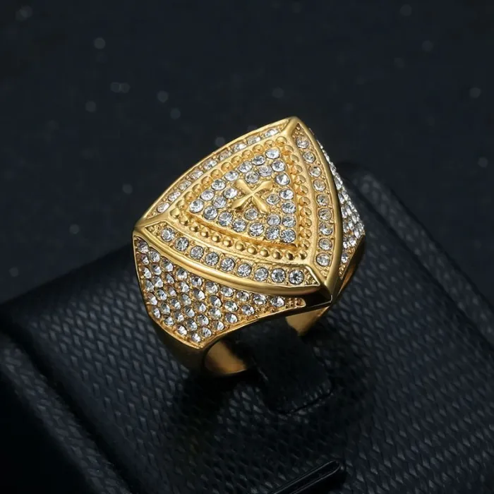 Wholesale Hip Hop Triangle Cross Ring – Bulk Gold-Plated Stainless Steel Men's Ring with Rhinestones