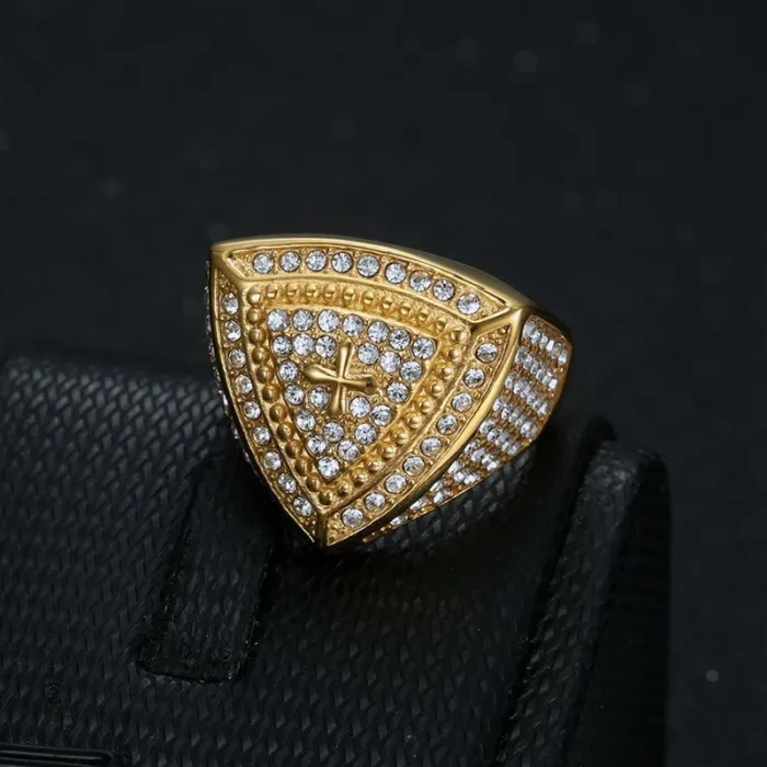 Wholesale Hip Hop Triangle Cross Ring – Bulk Gold-Plated Stainless Steel Men's Ring with Rhinestones