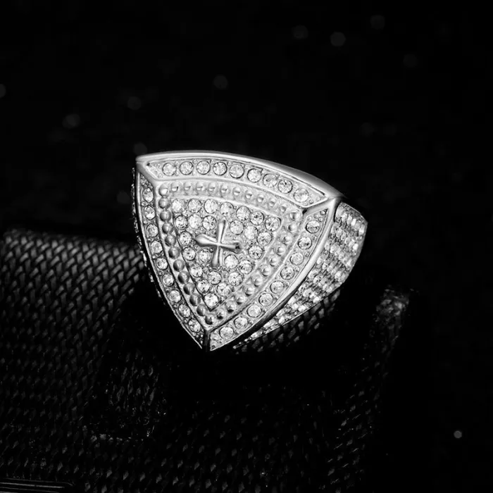Wholesale Hip Hop Triangle Cross Ring – Bulk Gold-Plated Stainless Steel Men's Ring with Rhinestones