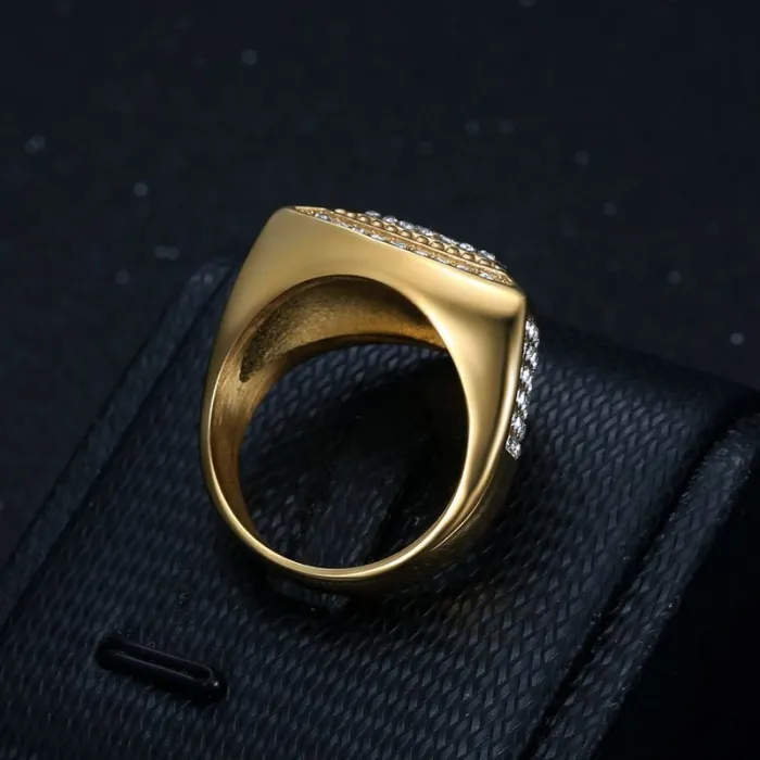 Wholesale Hip Hop Triangle Cross Ring – Bulk Gold-Plated Stainless Steel Men's Ring with Rhinestones
