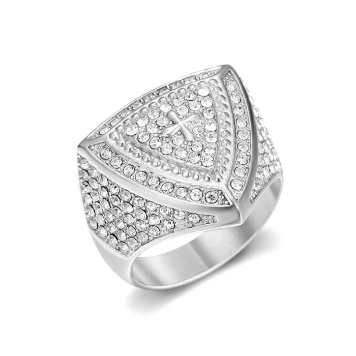 Wholesale Hip Hop Triangle Cross Ring – Bulk Gold-Plated Stainless Steel Men's Ring with Rhinestones