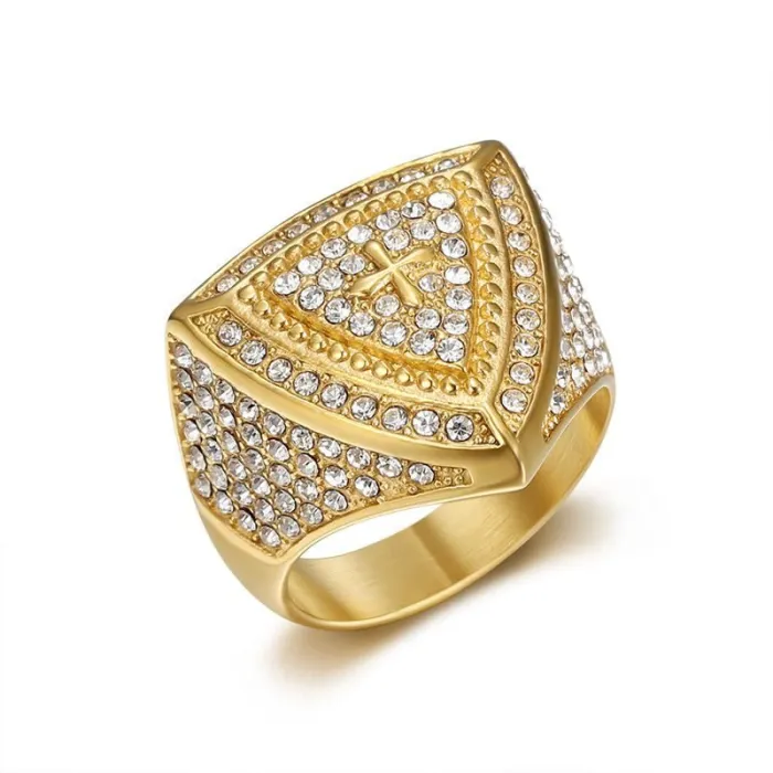 Wholesale Hip Hop Triangle Cross Ring – Bulk Gold-Plated Stainless Steel Men's Ring with Rhinestones