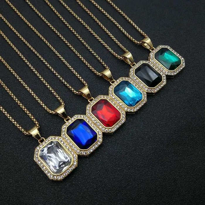 Wholesale Hip Hop Rectangle Pendant – Bulk Gold-Plated Titanium Steel Pendant with Gemstone and Rhinestones