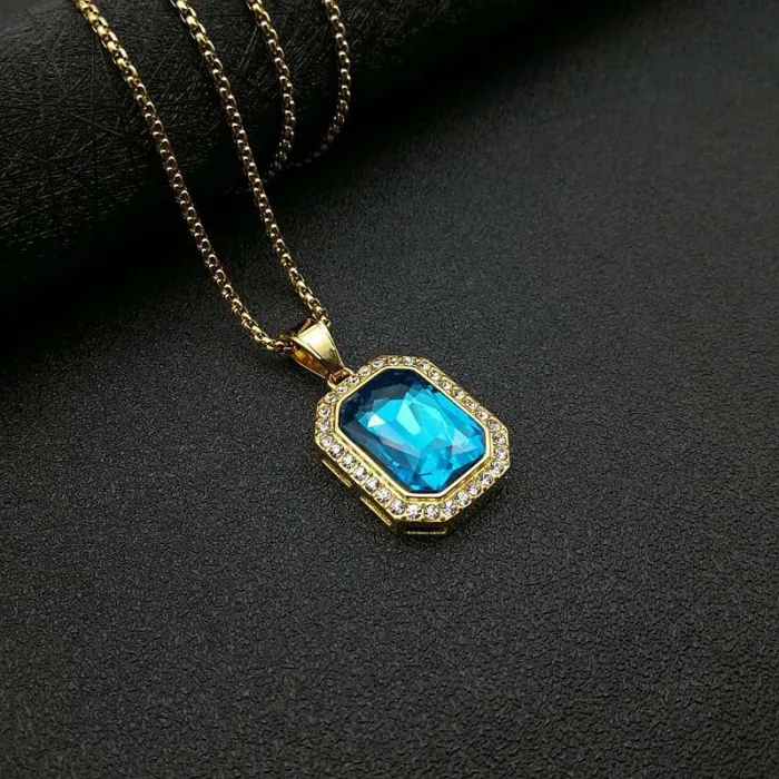 Wholesale Hip Hop Rectangle Pendant – Bulk Gold-Plated Titanium Steel Pendant with Gemstone and Rhinestones