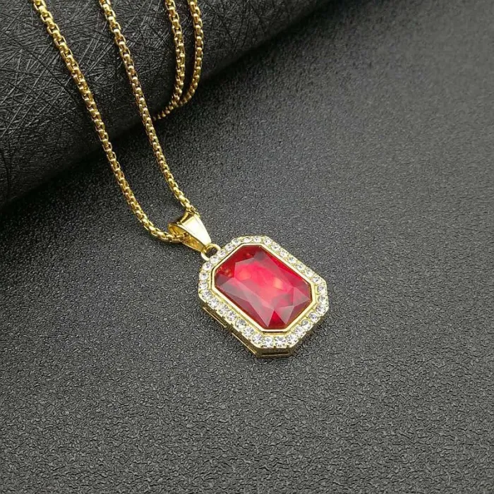 Wholesale Hip Hop Rectangle Pendant – Bulk Gold-Plated Titanium Steel Pendant with Gemstone and Rhinestones