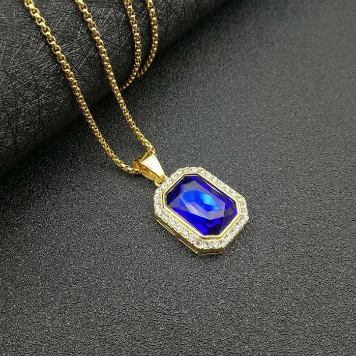 Wholesale Hip Hop Rectangle Pendant – Bulk Gold-Plated Titanium Steel Pendant with Gemstone and Rhinestones