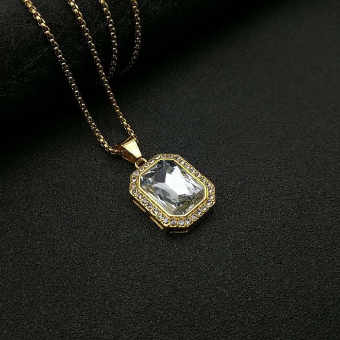 Wholesale Hip Hop Rectangle Pendant – Bulk Gold-Plated Titanium Steel Pendant with Gemstone and Rhinestones