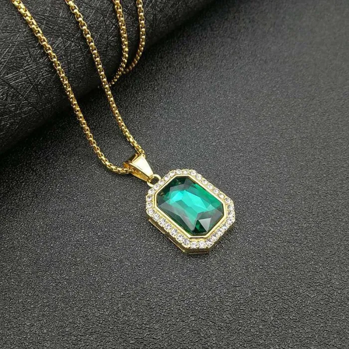 Wholesale Hip Hop Rectangle Pendant – Bulk Gold-Plated Titanium Steel Pendant with Gemstone and Rhinestones