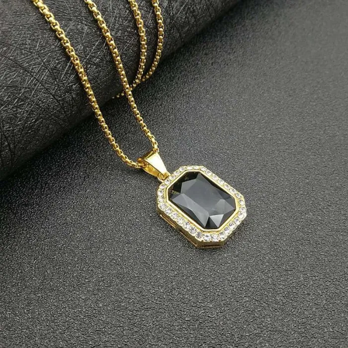 Wholesale Hip Hop Rectangle Pendant – Bulk Gold-Plated Titanium Steel Pendant with Gemstone and Rhinestones