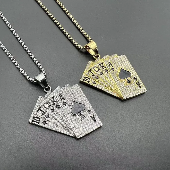 Wholesale Hip Hop Poker Pendant – Bulk Gold-Plated Titanium Steel Straight Flush Necklace with Rhinestones