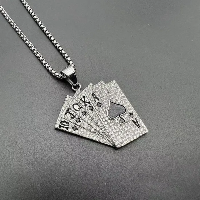 Wholesale Hip Hop Poker Pendant – Bulk Gold-Plated Titanium Steel Straight Flush Necklace with Rhinestones