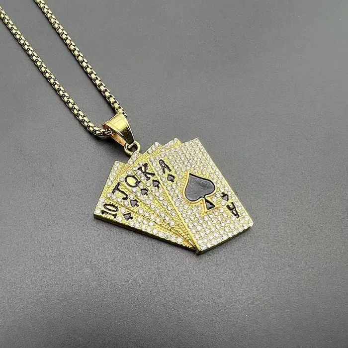 Wholesale Hip Hop Poker Pendant – Bulk Gold-Plated Titanium Steel Straight Flush Necklace with Rhinestones