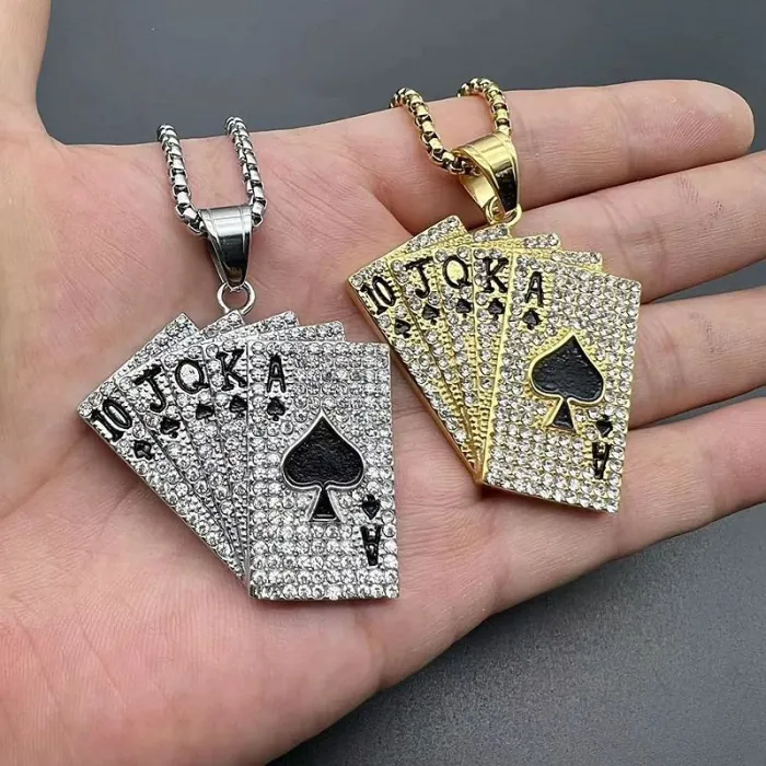Wholesale Hip Hop Poker Pendant – Bulk Gold-Plated Titanium Steel Straight Flush Necklace with Rhinestones