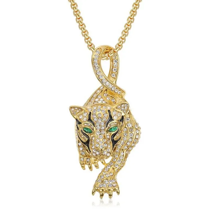 Wholesale Hip Hop Leopard Head Pendant – Bulk Gold-Plated Titanium Steel Necklace with Enamel and Rhinestones