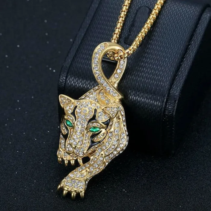 Wholesale Hip Hop Leopard Head Pendant – Bulk Gold-Plated Titanium Steel Necklace with Enamel and Rhinestones