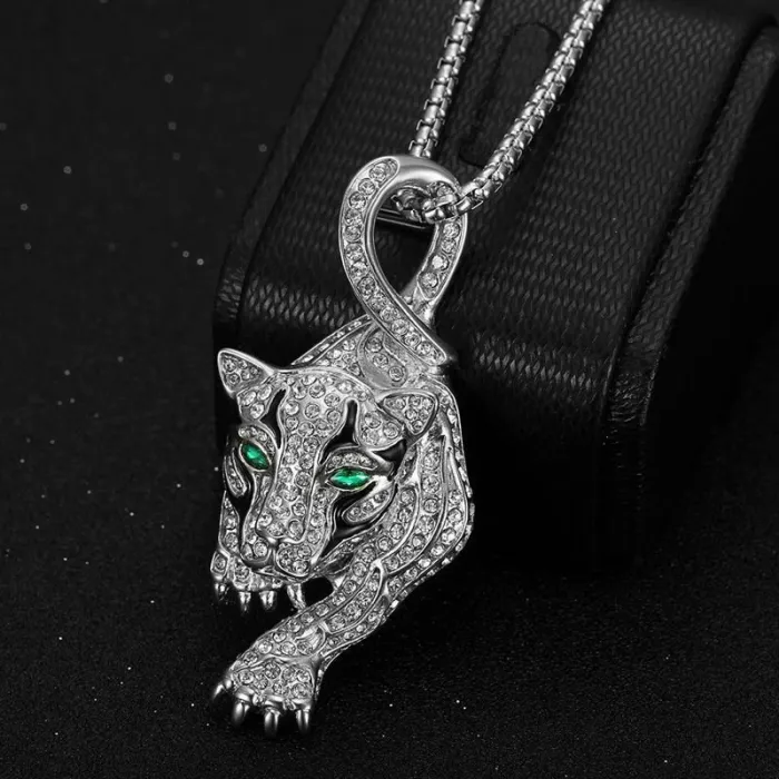 Wholesale Hip Hop Leopard Head Pendant – Bulk Gold-Plated Titanium Steel Necklace with Enamel and Rhinestones