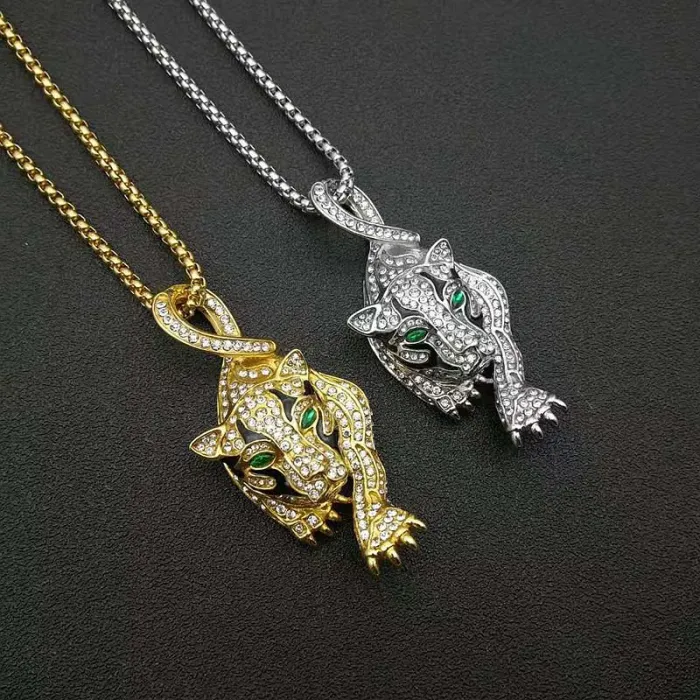 Wholesale Hip Hop Leopard Head Pendant – Bulk Gold-Plated Titanium Steel Necklace with Enamel and Rhinestones