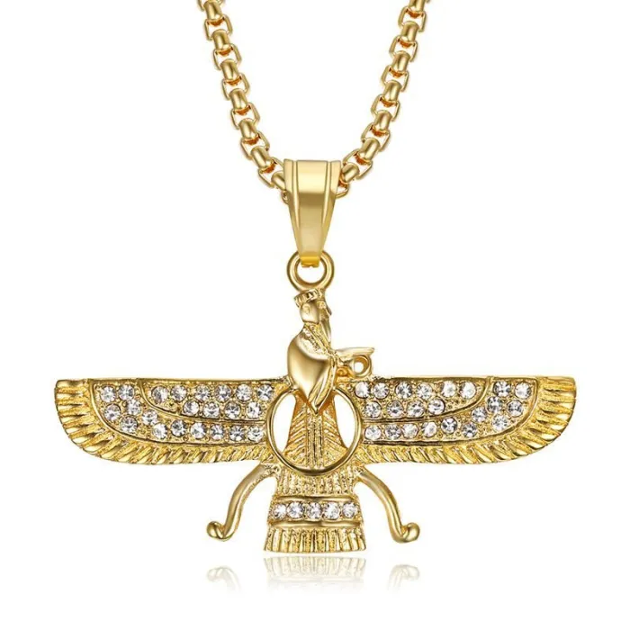 Wholesale Hip Hop Zoroastrian Pendant – Bulk Gold-Plated Titanium Steel Necklace with Rhinestones