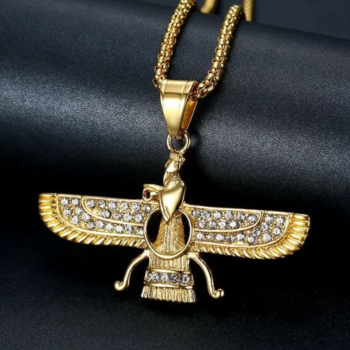 Wholesale Hip Hop Zoroastrian Pendant – Bulk Gold-Plated Titanium Steel Necklace with Rhinestones